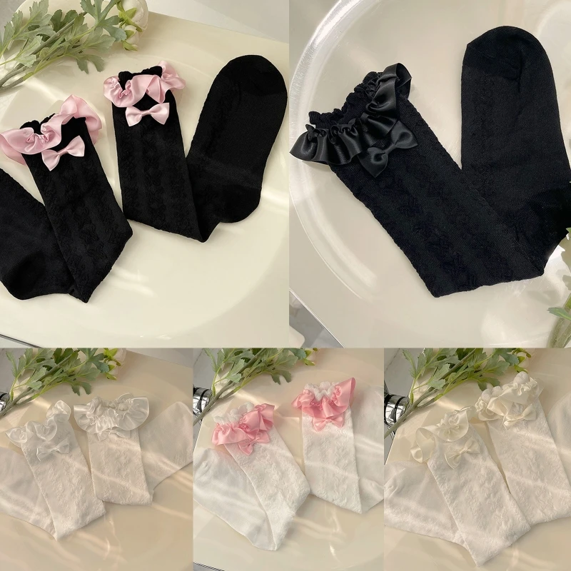 

Длинные чулки, носки с оборками и бантом, хлопковые носки, подходят к юбке