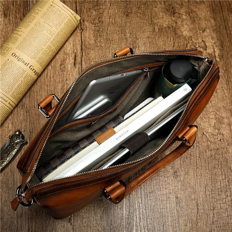Retro Business Briefcase For Men Women Documents Handbags Genuine Leather Laptop Bag Office Shoulder Bag Fashion Computer Bag