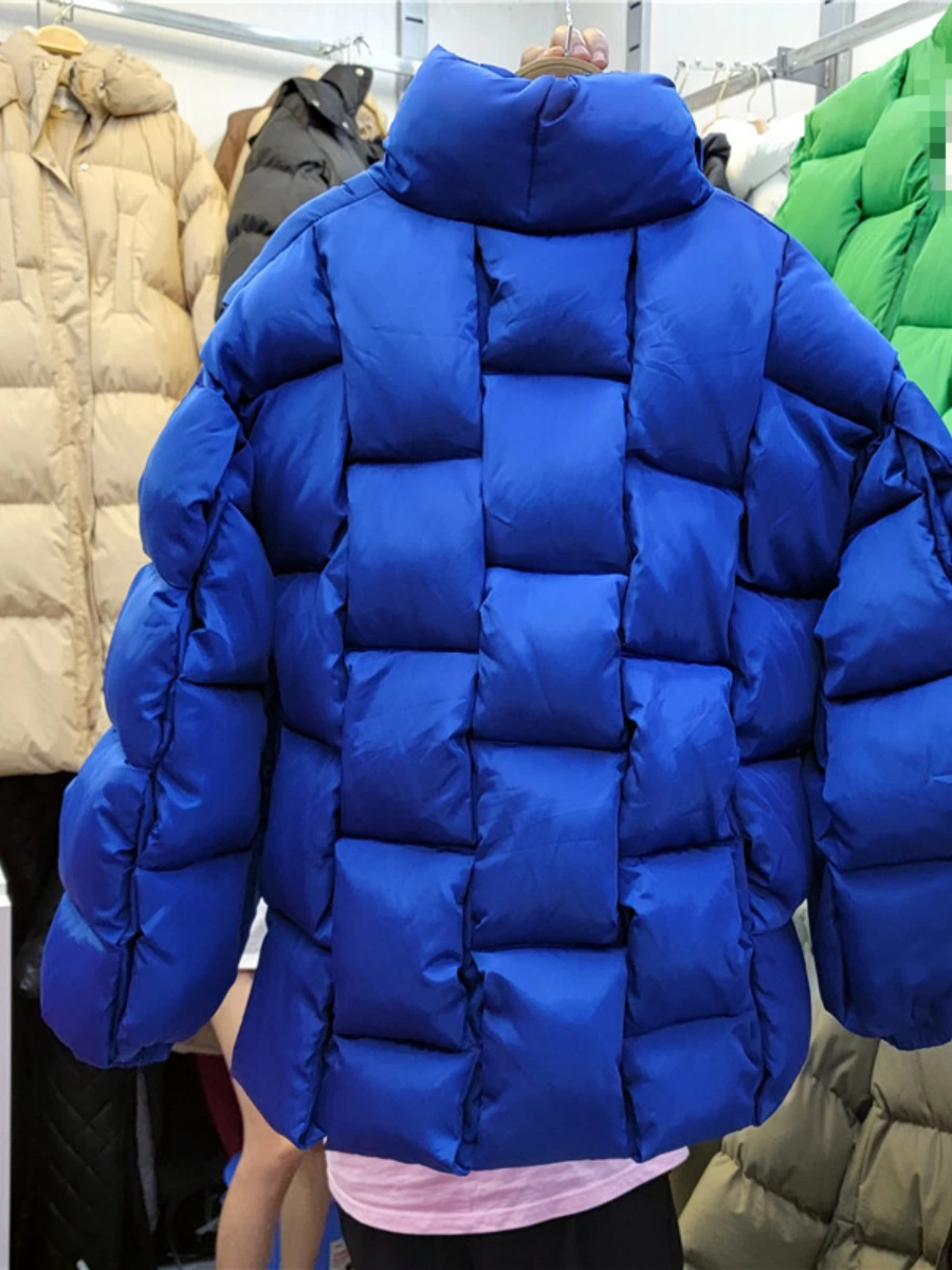 2022 Winter New Three-Dimensional Woven Square Couple Cotton Coat Fashion Solid Warm Thickened Puffer Jacket Casaco Femininos