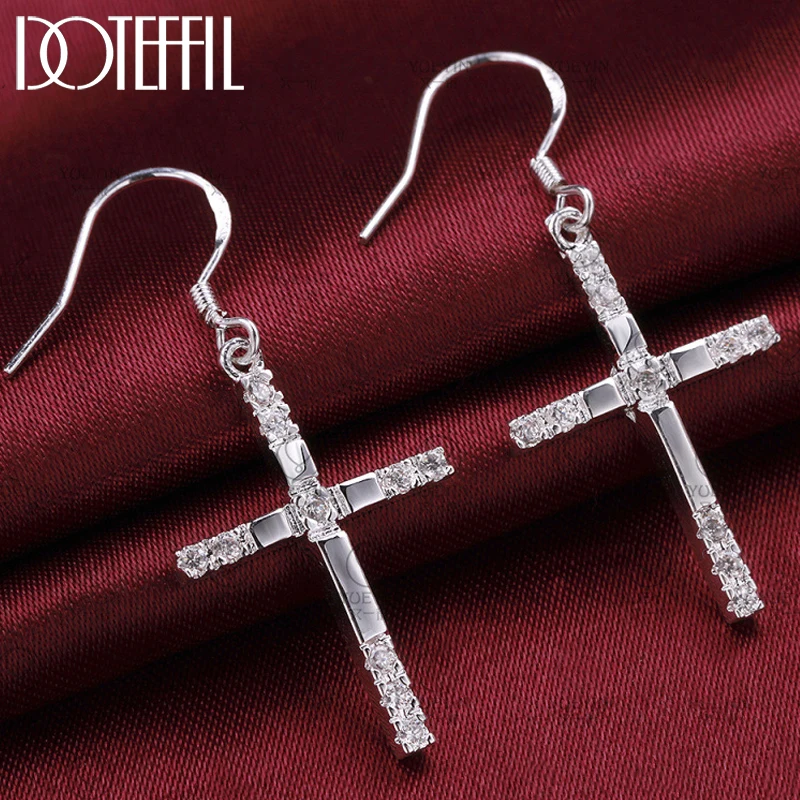 

DOTEFFIL 925 Sterling Silver Cross AAA Zircon Drop Earring For Woman Charm Party Wedding Jewelry