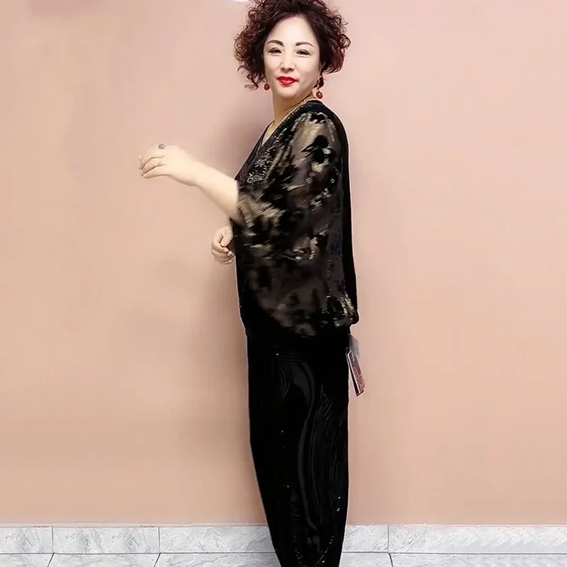 Элегантный костюм из двух частей для женщин Свободный с принтом V-образный вырез