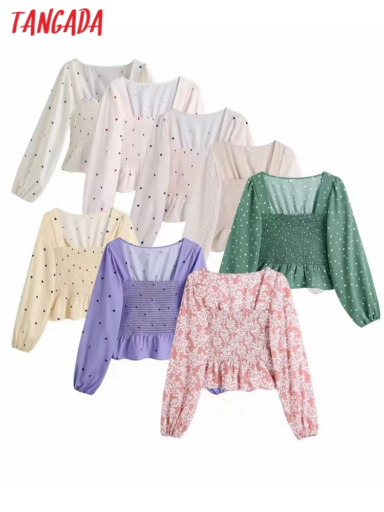 

Женская короткая блузка с длинным рукавом, квадратным вырезом и оборками