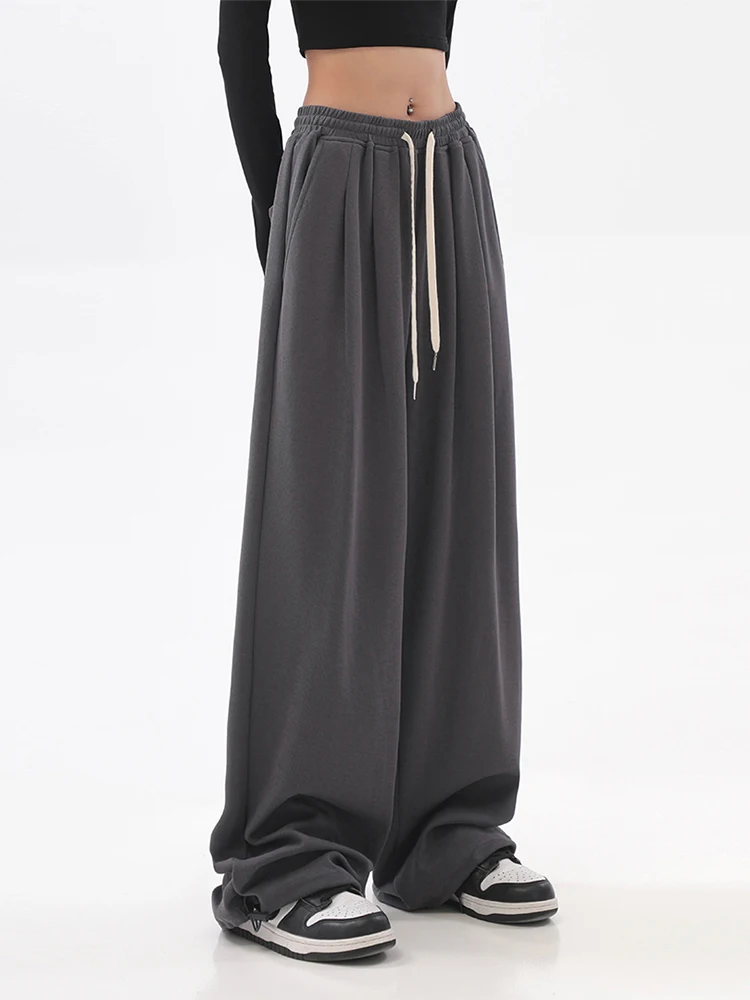 

Solid Color Vintage Design Women Autumn Winter Sweatpants Loose Wide Leg Straight Cylinder Simple Trousers Mopping Harajuku