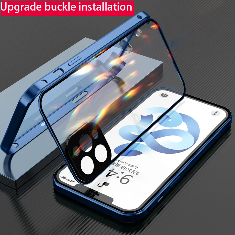 

Double Sided Glass Magnetic Metal Phone Case for IPhone 14 13 11 12 Pro Promax with Camera Lens Protection Magnet Cover