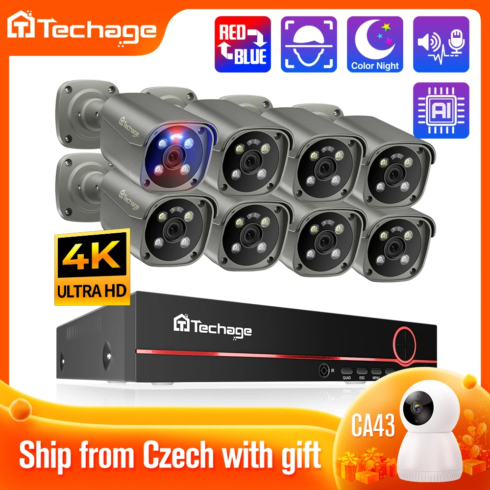 Techage الترا HD 4K POE نظام الكاميرا الكشف عن الوجه الأحمر والأزرق ضوء إنذار ملون ليلة 8MP CCTV طقم مراقبة أمن الفيديو