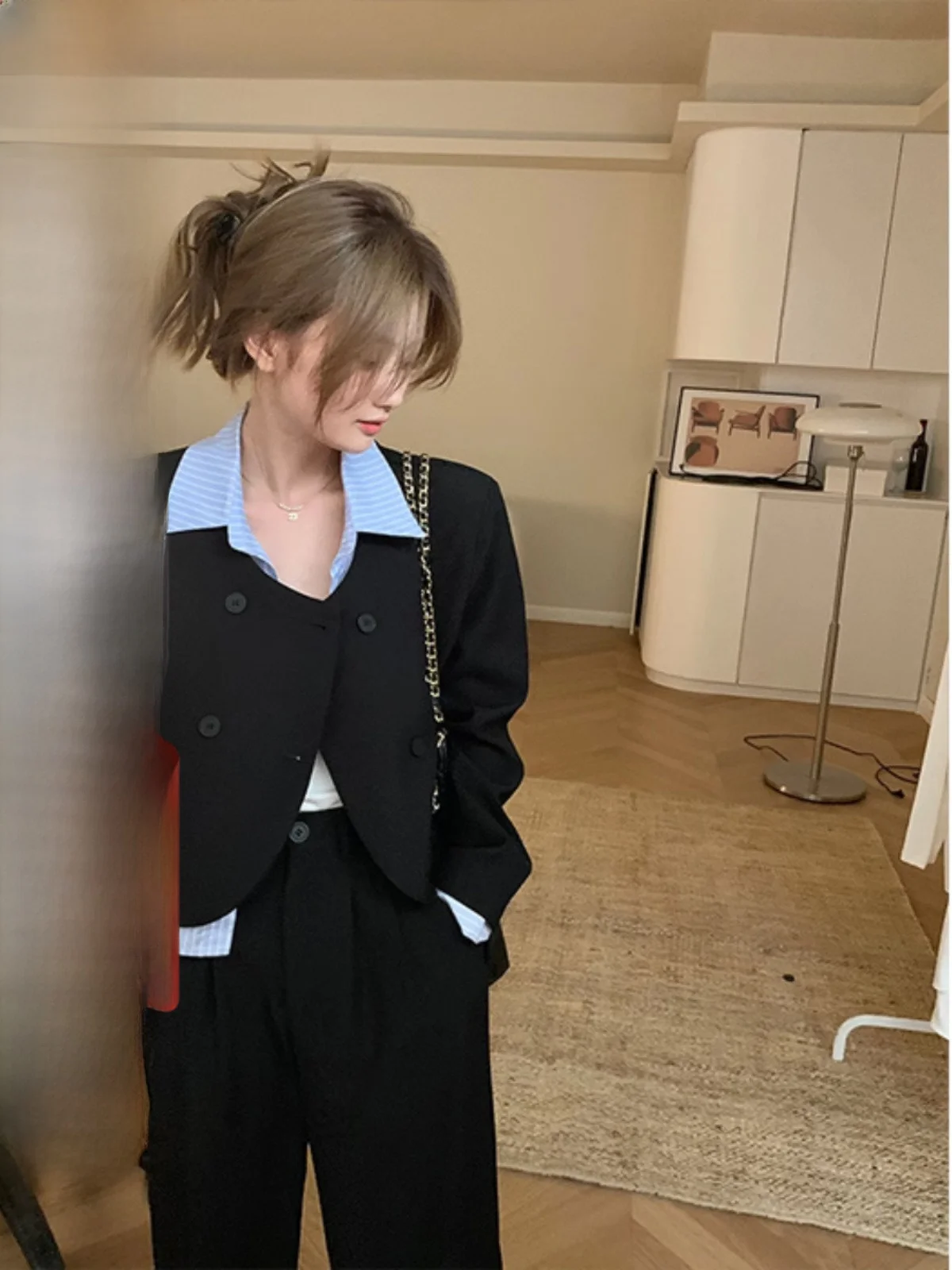 Рубашки в полоску Wu 77 смесь хлопка воротник-поло подплечники верхняя одежда