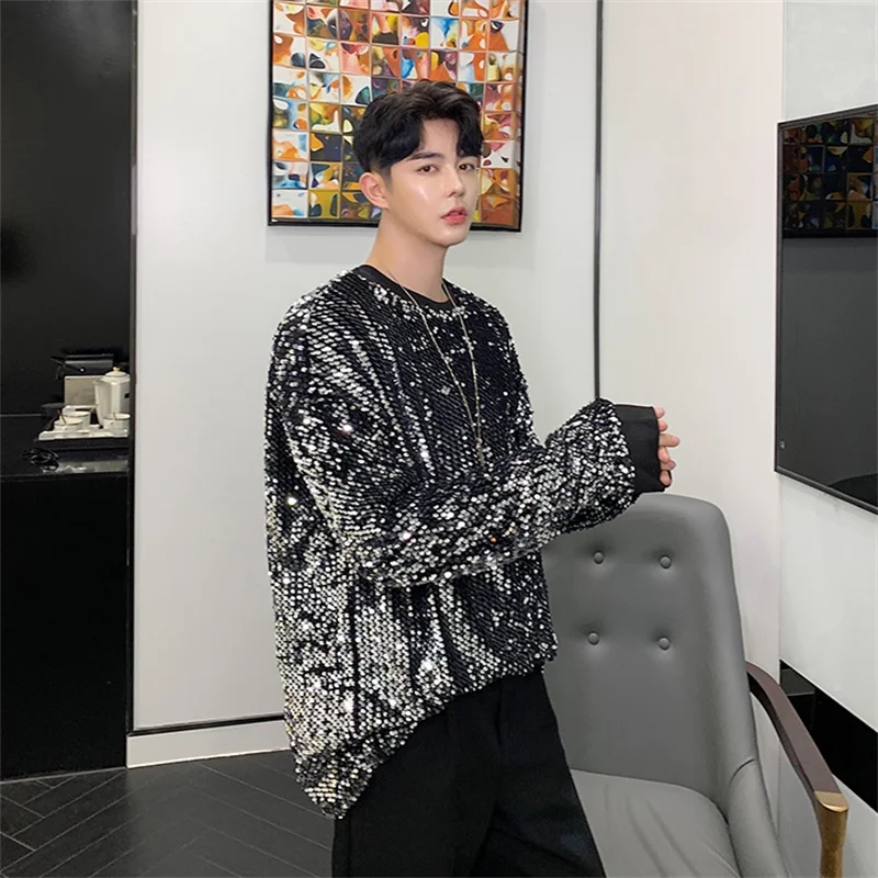 

Men'S Sweater Online Celebrity Tiktok Sequins Bodywear Fashion Personality Nightclub Stage Dj Performance Clothing Disco Hip-Ho