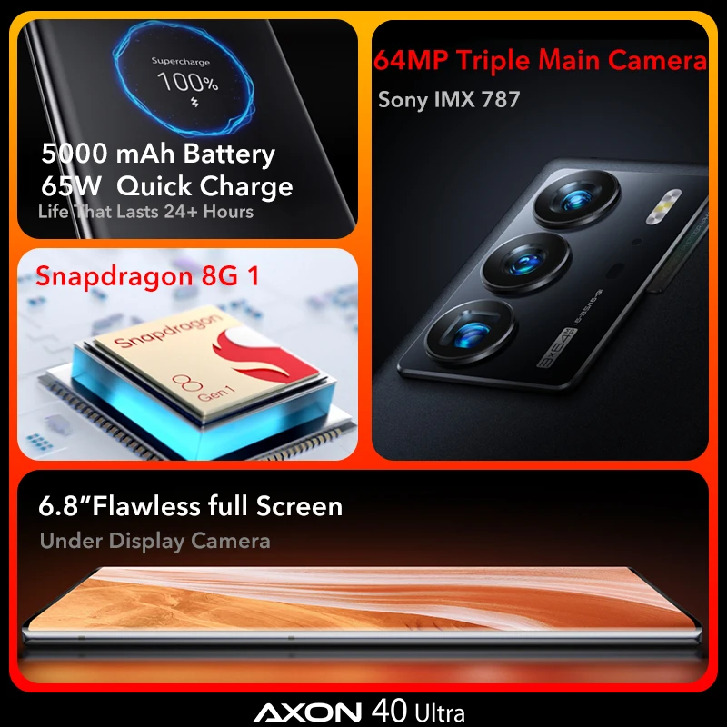 Tanie Globalna Wersja ZTE Axon 40 Ultra 5G Smartfon Pod Wyświetlaczem Elastyczny Zakrzywiony Wyświetlacz Snapdagon 8 Gen 1 3x64MP Kamera 65W