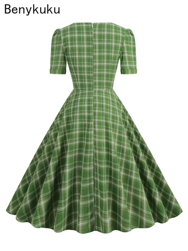 Женское винтажное платье с бантом спереди зеленое клетчатое 1920-х годов в стиле
