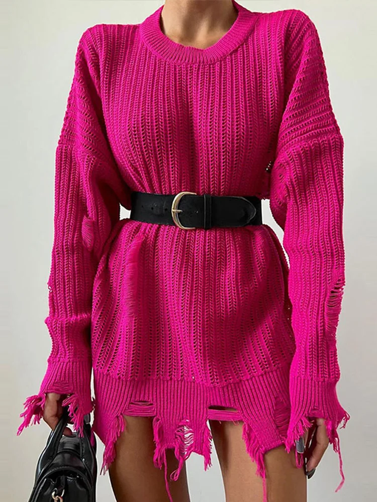 

Женский трикотажный пуловер средней длины, теплый офисный пуловер оверсайз с бахромой и круглым вырезом, Осень-зима 2022