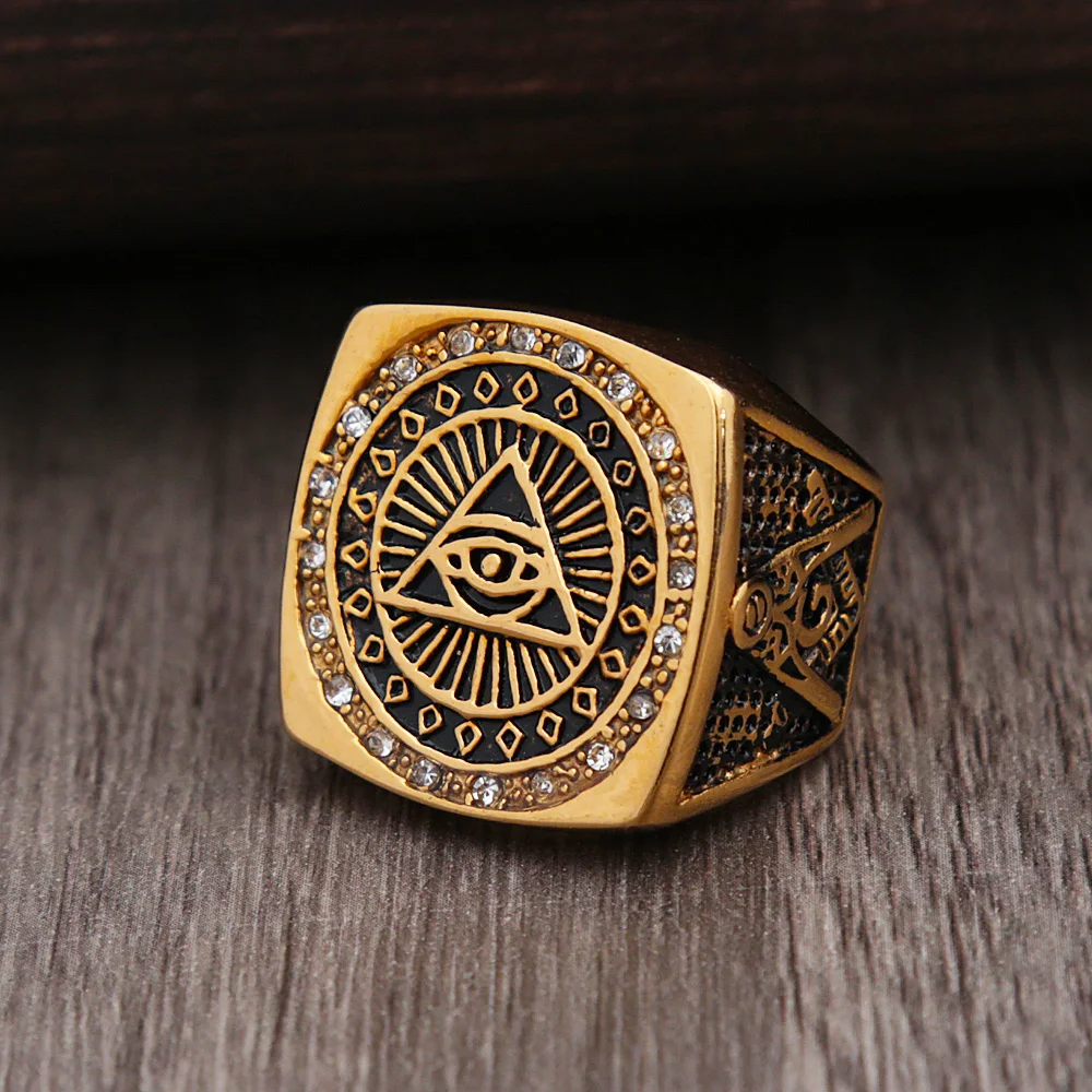 

Men Vintage Stainless Steel Mason Mason Ring Encrusted Crystal Men Punk Motorcycle Biker Heavy Duty All Seeing Eye Rings Jewelry