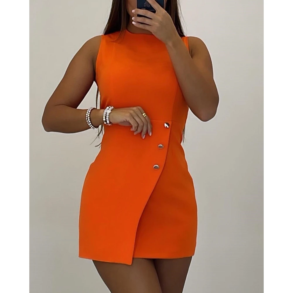

Women Sleeveless Buttoned Asymmetrical Bodycon Dress 2022 Summer O-Neck Fashion Streetwear Dresses Sexy Party Mini Robe Femme