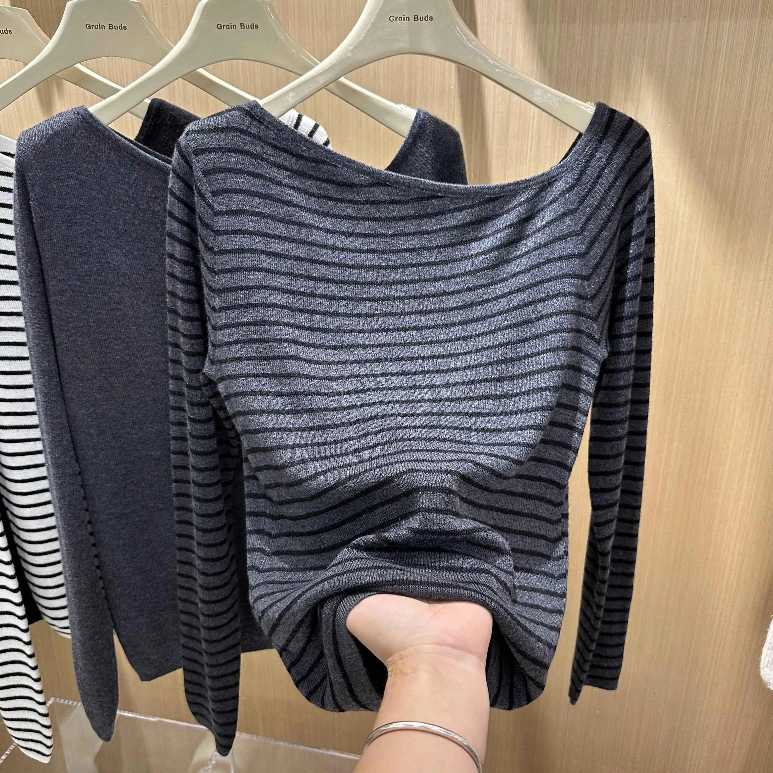2024 Autumn New One-Word Oblique Collar Striped Knitted Bottoming Shirt Women's Long Sleeve Western Sle Slim fit Big Neckli...