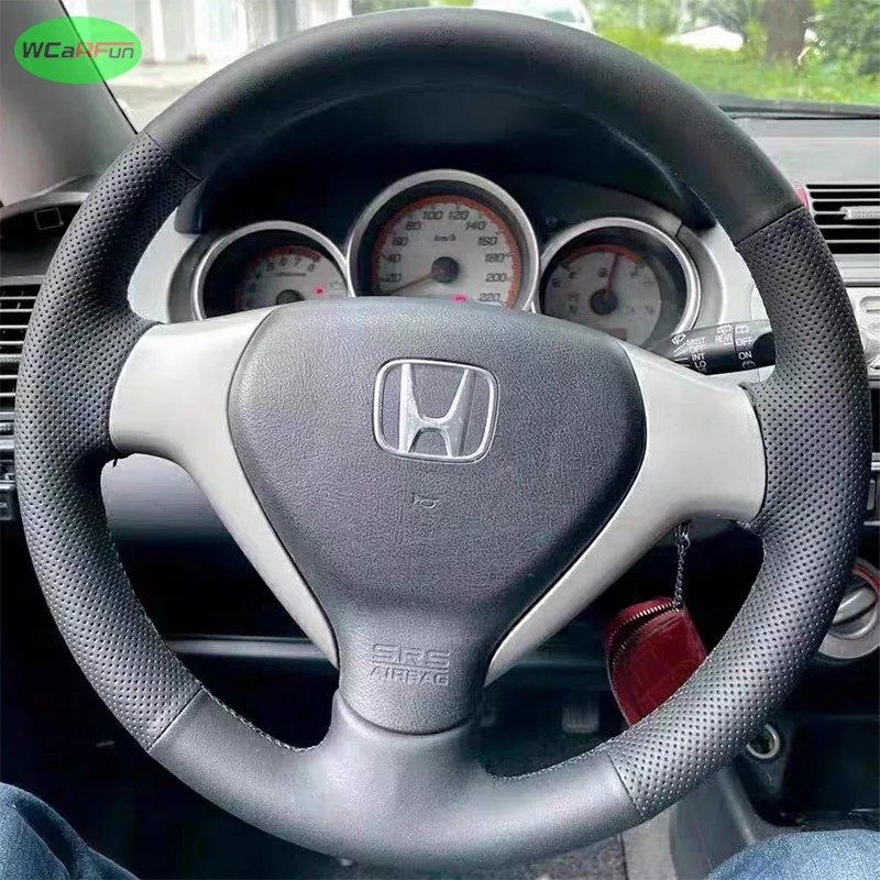 

Сшитый вручную черный чехол на руль из натуральной кожи из углеродного волокна своими руками для Honda City Fit Jazz 2005-2008