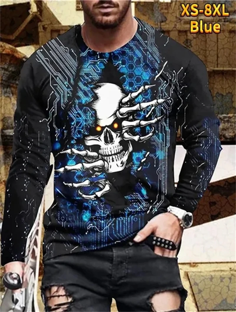 

Cool Men 3d Skull Printed Long Sleeve Shirt Autumn Winter Tattoo Biker Top Shirt Mens T-shirt Vintage Streetwear Comfortable Top