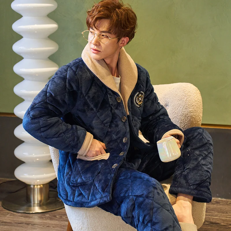 

QUHENG 2022 Pajama Sets for Men Autumn Winter Thick Warm Flannel Sleepwear Suit Long Sleeve Coral Velvet Sleepwear Loungewear
