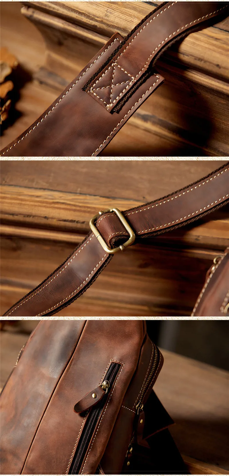 Retro fashion crazy horse cowhide men's multi pocket brown chest bag youth outdoor sports hot sale genuine leather diagonal bag