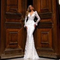 sumnus luxury mermaid wedding dress long sleeve v neck lace appliques bride dresses 2022 illusion tulle button wedding gowns