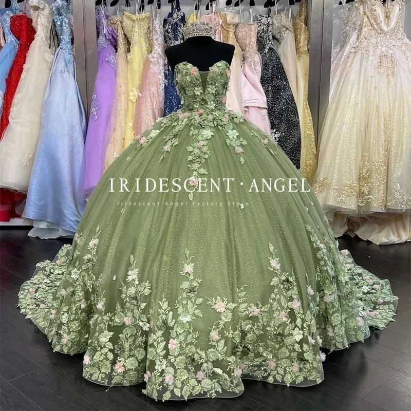 

Iridescent Green Sweetheart Ball Gown Quinceanera Dresses Beads 3D Floral Brithday Dance Party Vestidos De Quinceañera Lace Up