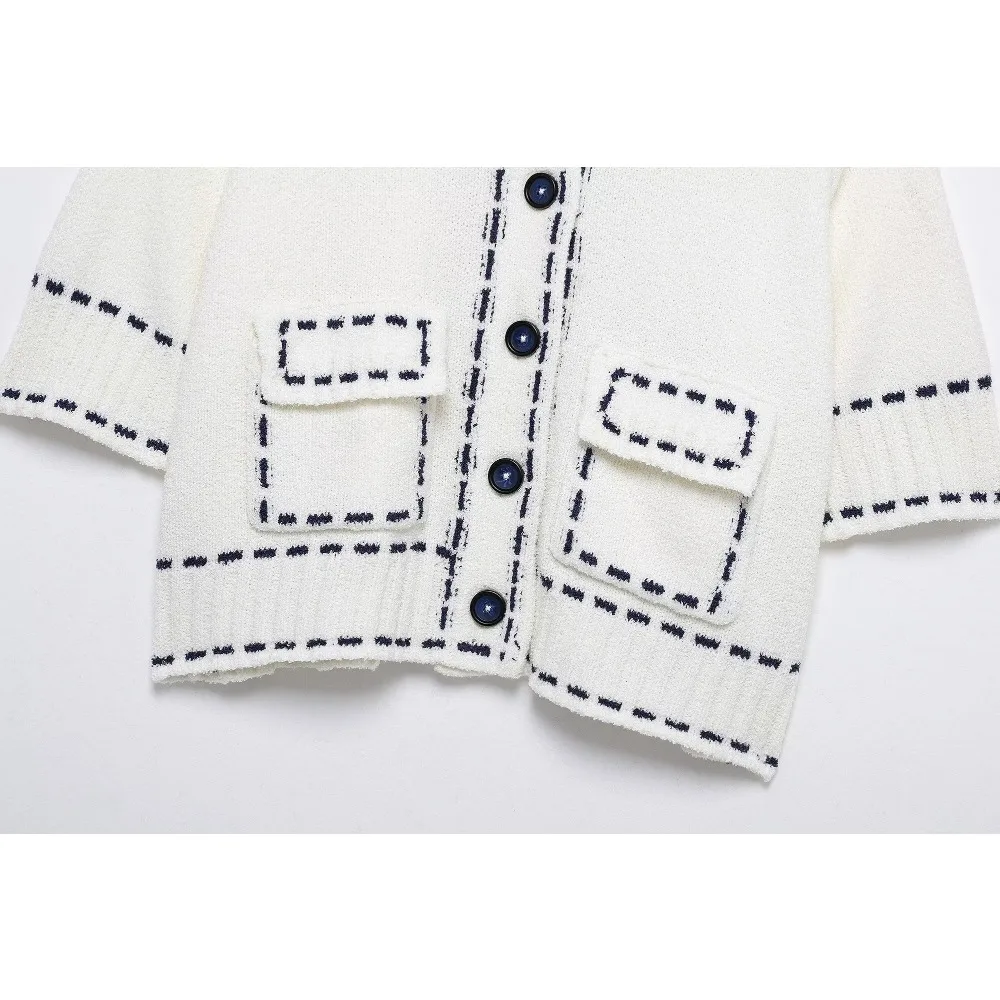 Женская мода удобный трикотаж с круглым вырезом для отпуска белый вязаный