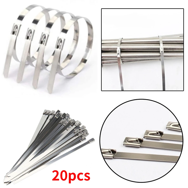 

20Pcs 304 Stainless Steel Metal Cable Ties Exhaust Wrap Coated Locking Metal Zip-Exhaust Multifunctional Locking Cable Ties