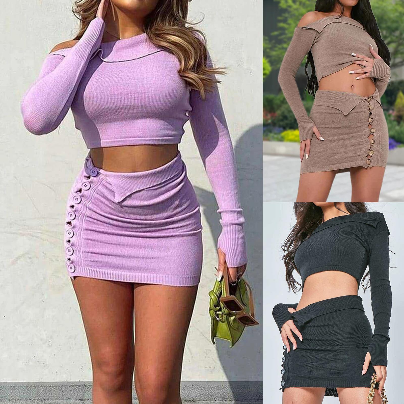 

Lady Knit Crop Top and Bodycon Skirt Solid Color Strapless Top & Crochet Skirt Set Slim Fit Vacation Outfit