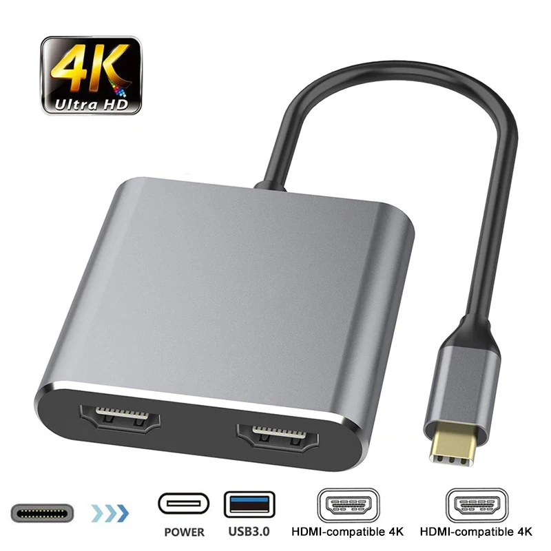 

Переходник с Usb C на Dual HDMI-совместимый, переходник с Type C на USB 3,0/60 Вт, USB C PD, алюминий для Macbook Pro, Samsung S9, S10