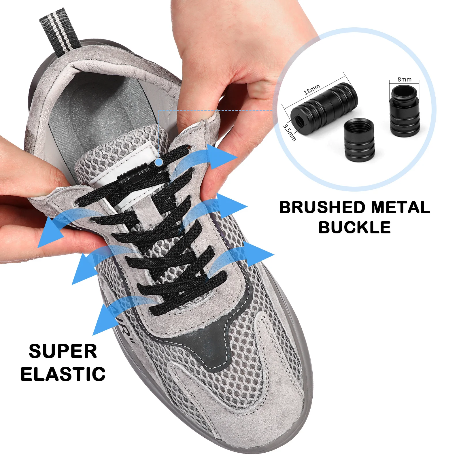 10 Pairs  of Elastic No Tie Shoe Laces with Shoe Buckles for Adults Kids Elderly (Black)