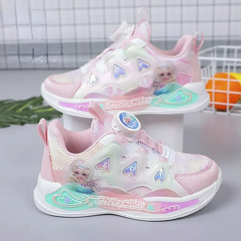 

Disney Breathable Girl's Mesh Shoes Buttons Princess Elsa Shoes Pink Purple Thick Bottom Comfortable Sneakers Size 26-36