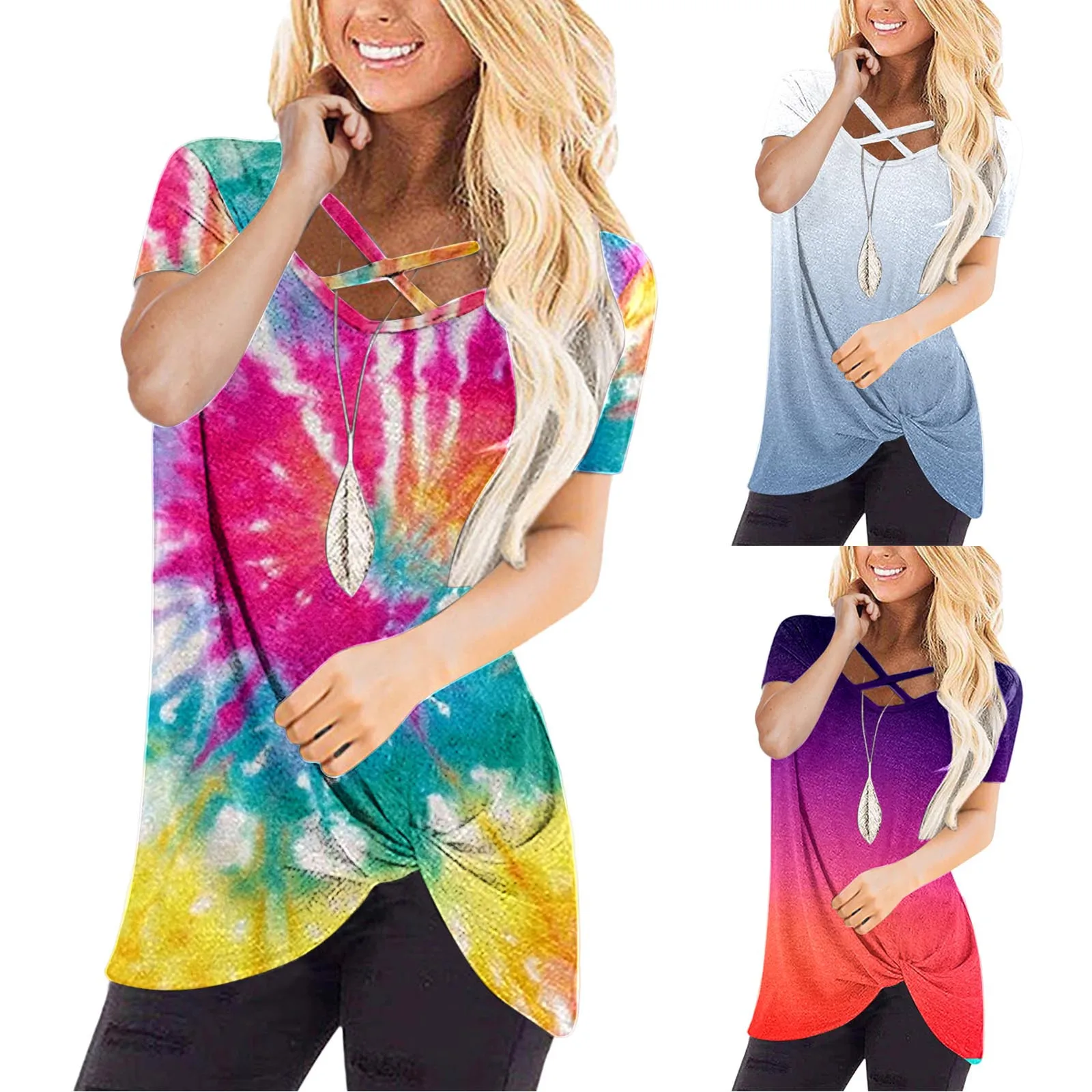 

Women's Gradient Blouse 2022 Summer Short Sleeve Sexy Shirt Top Woman Plus Size Tunics Clothing
