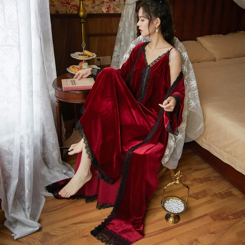 Long Sleeved Plush Nightgown Female Winter  Spring Sexy Suspender Nightdress Court Style Home Clothes Golden Velvet Pajamas