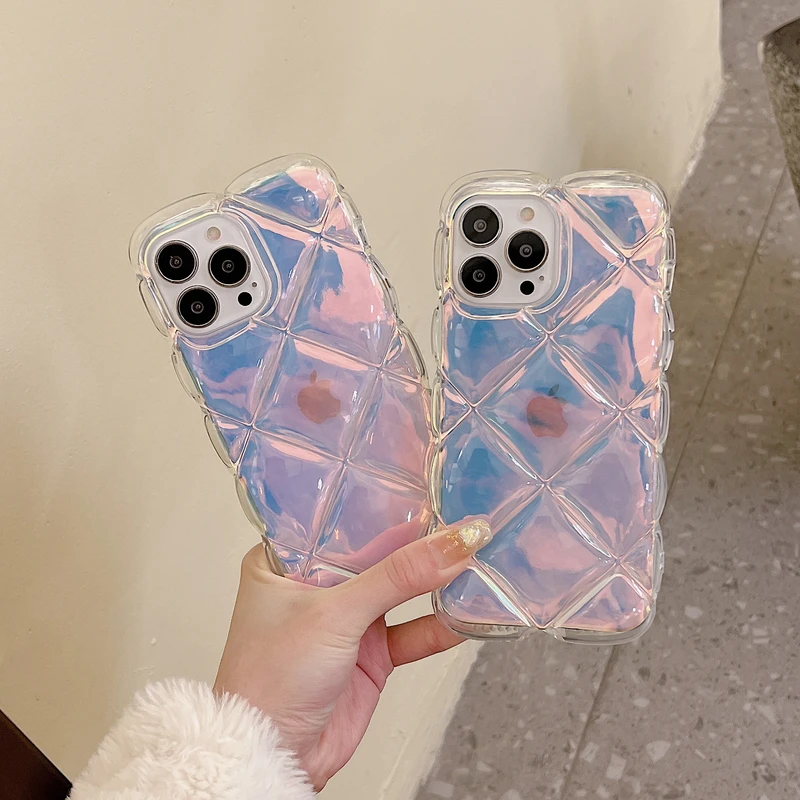 

3D Luxury Diamond Lattice Transparent Phone Case For iPhone 11 12 13 Pro Max 7 8 Plus Plain Cute Blu-ray Laser Soft Back Cover