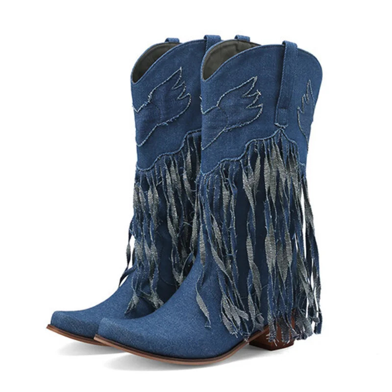 

Western Cowboy Boots Women 2023 New Tassel Chunky Heels Pointed Denim Blue Boots Fashion Slip-on Wedge Boots Female