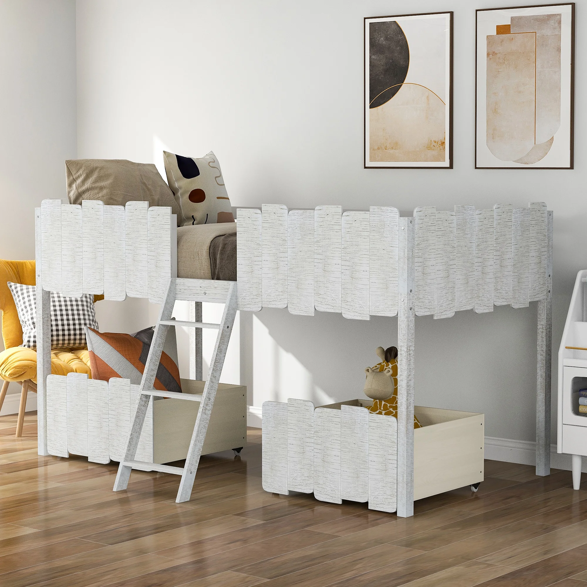

Twin Size Rustic Loft Bed with Two Drawers,White