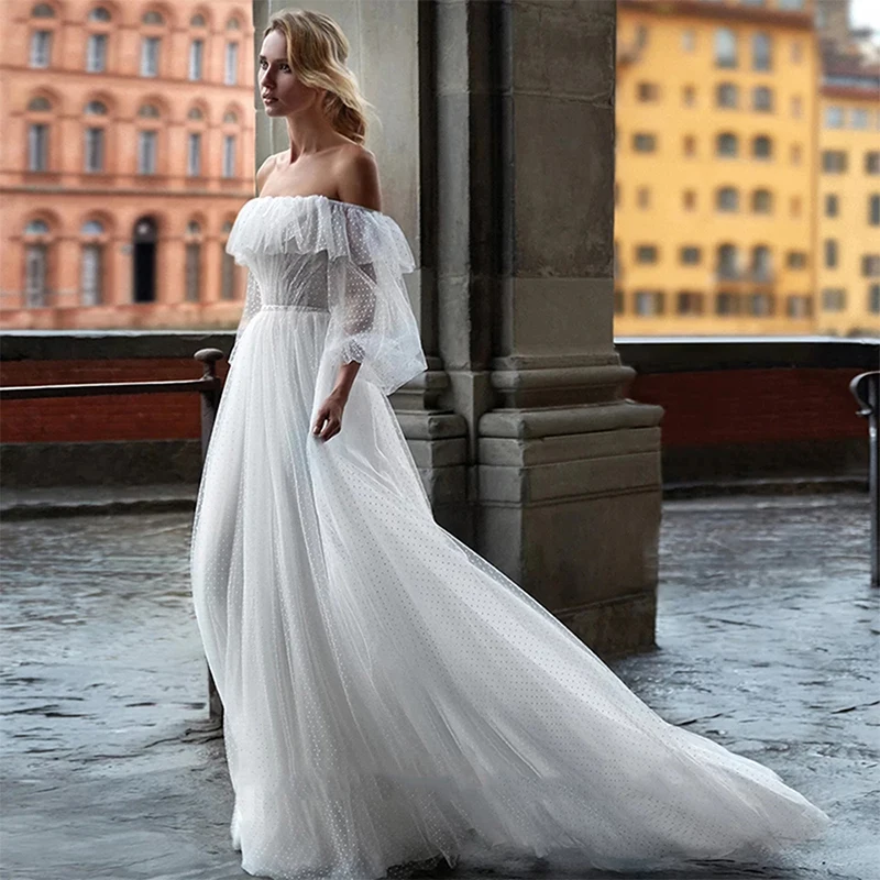 

Vintage Wedding Dress for Women Puff Sleeves Doted Tulle A-line Bridal Dresses Boat Neck Backless Bride Gown Robe De Mariée