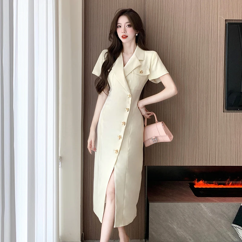 

2023 Women Blazer Dress Side Buttons Short Sleeve Notched Collar Dress Elegant Office Wear Dress Vestidos