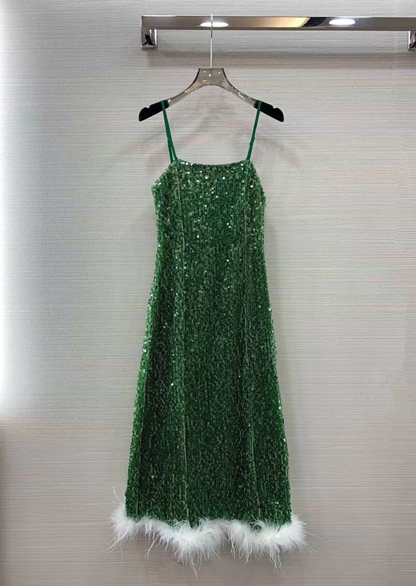 

2023 new women fashion sleeveless tube top full body sequined fluffy hem slim suspender skirt mid dress dress 0614