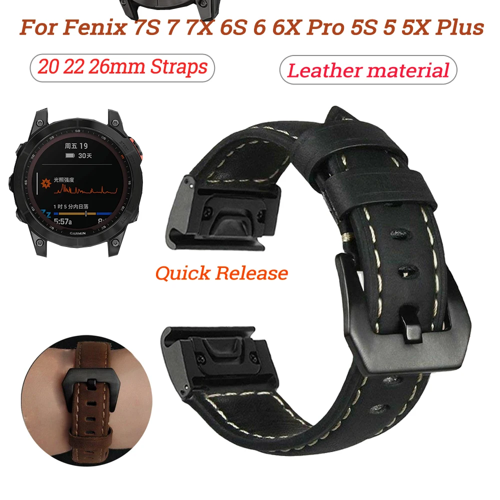 

26 22 20mm Genuine Leather Watchband Straps For Garmin Fenix 7S 7 7X 6S 6 6X Pro 5S 5 5X 3HR Smartwatch Quick Release Wristband