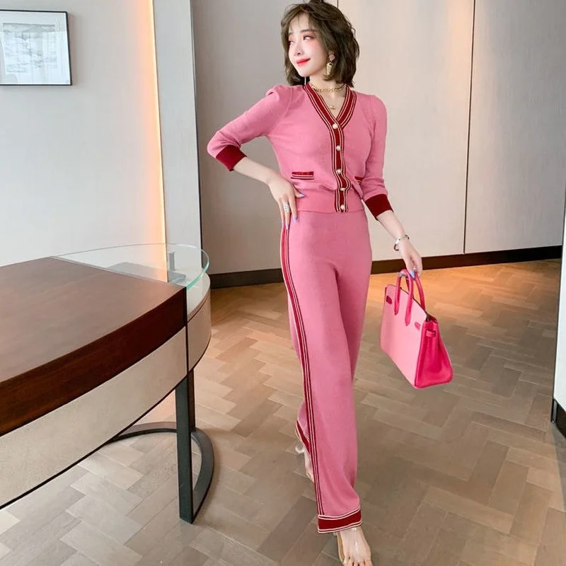 

Autumn Winter Knitted 2 Piece Sets Women Tracksuits Loose Cardigan Sweater + Wide Leg Pants Trousers Suit Womens Outfits E403