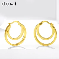 dowi fashion double layer circle hoop earrings gold color for women copper circle round piercing female earrings jewelry gifts