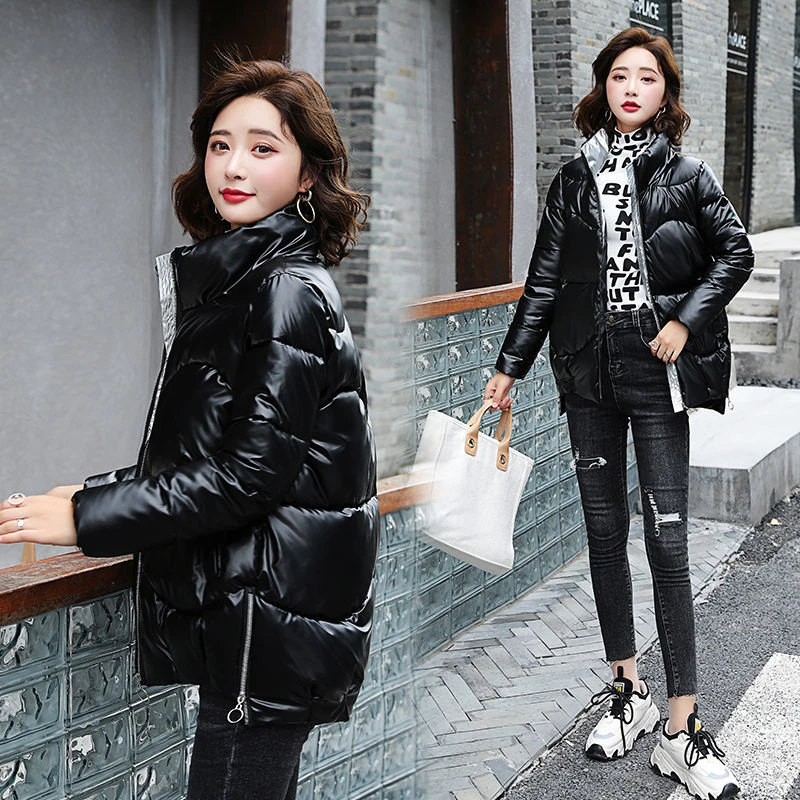 Women Stand Winter Puffer Jacket Glossy Warm Fluffy Cotton White Duck Down Parkas Ladies Long Sleeve Pocket Solid Casual Outwear
