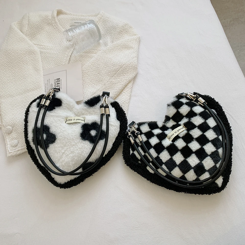 

Female Fluffy Heart Shape Shoulder Bags Women Casual Small Shoulder Handbag Warm Plush Tote Decorative Handbag