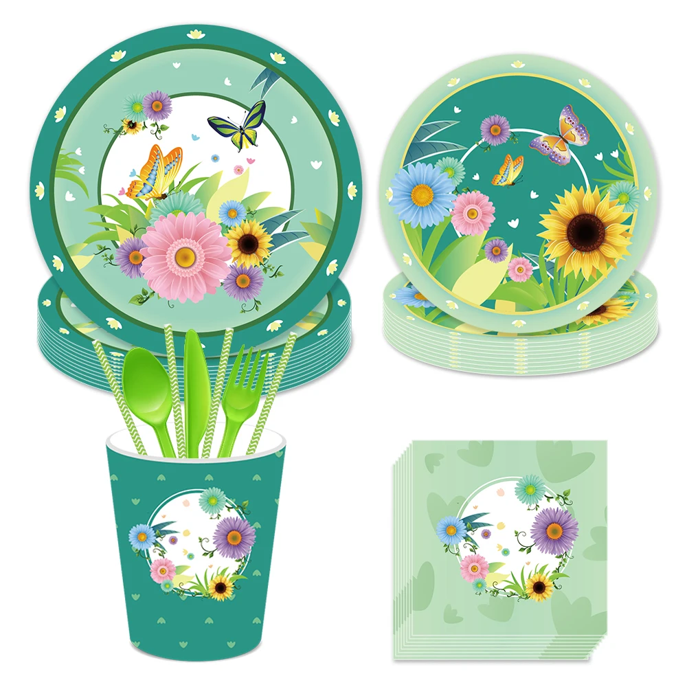 

Spring Flower Cartoon Butterfly Disposable Tableware Sets Plates Napkins Baby Shower Oh Baby Birthday Party Supplies Decorations