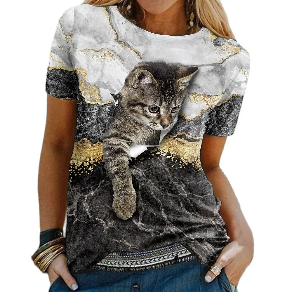 Fashion Women's T-shirts 3D Kawaii Cat Printed Short Sleeve Trend Tees Casual O-neck Funny Tops Female Oversized Loose Clothing