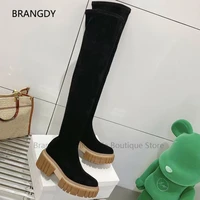 2022 kid cashmere pull on thigh high boots round toe zip chunky heels martin boots women winter calf knight bootias de mujer