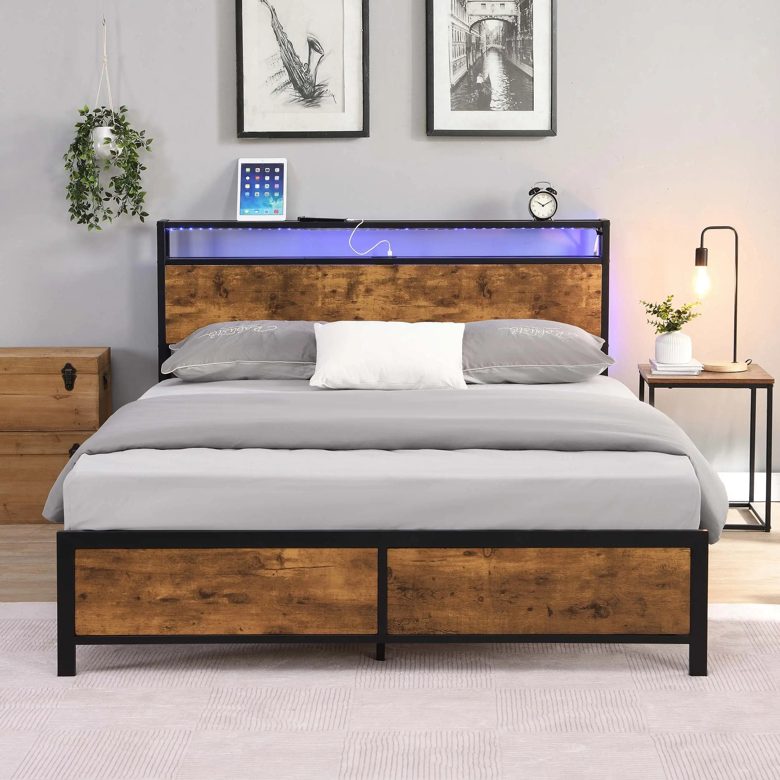 

Full Size Platform Bed Frame with 2 USB Ports & LED Lights, Vintage Brown