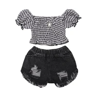 baby girls clothes sets short sleeve off shoulder plaid t shirts tops denim shorts 2pcs for 2 9y summer toddler fashion clothes