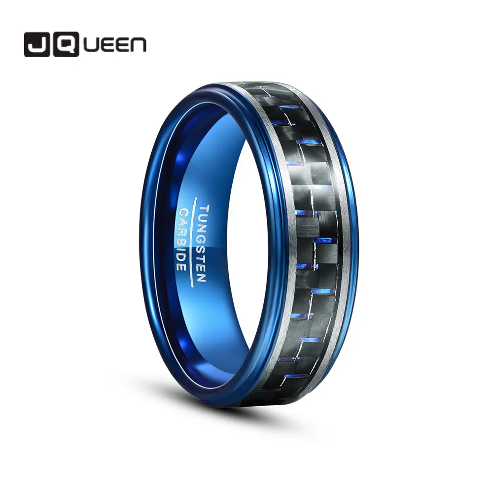 

JQUEEN 8mm Tungsten Carbide Ring Electric Two Lasa Black Blue Carbon Fiber Tungsten Ring for Men Best Gift Size 7-12 New