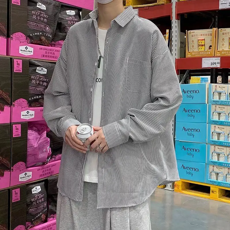 

Полосатые повседневные мужские рубашки, модные корейские свободные дизайнерские уличные Топы в стиле оверсайз с длинным рукавом, модные то...