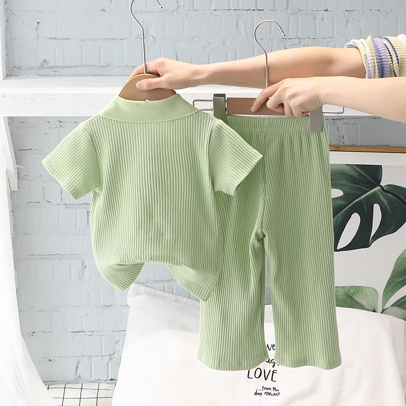 Летний комплект из футболки для девочек пуловер с коротким рукавом и отложным